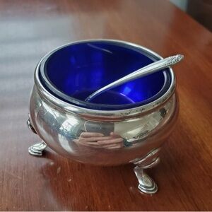 Genova Sterling Silver Master Salt Cellar w/ Cobalt Glass Liner and Salt Spoon